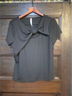 Haute Fox Black Ribbed Short Sleeve Bow Front Blouse -  3X